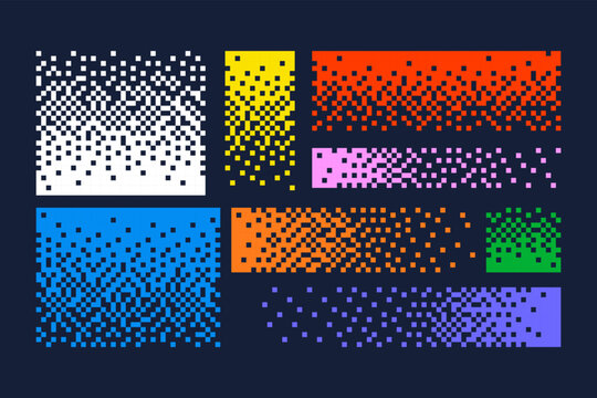 Colorful pixelated squares dissolving into dots