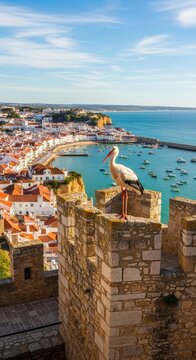 Stork perched atop Silves Castle with coastal town view.