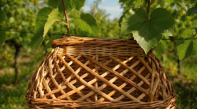 Rustic wicker basket sits among lush green vineyard leaves under warm sunlight, nature