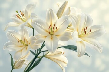 Obraz premium cluster of creamy white lilies with open blooms and buds, green leaves and slender stems against a soft bokeh background, evoking serene delicate elegance