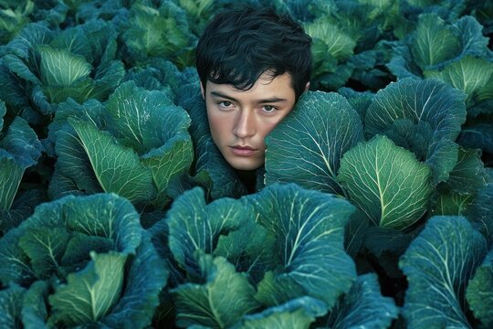 person with dark hair peeking through dense green cabbage patch, playful curious mood