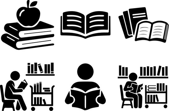 education and reading icon set with books, library, student and apple isolated on transparent background
