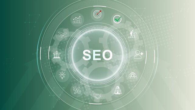 SEO. Search Engine optimization. Digital online marketing andInetrmet technology concept. 3d Motion graphics of technology icon interface background