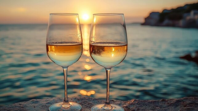 Two wine glasses with white wine on a rocky ledge by the sea at sunset, golden reflections and a calm romantic mood