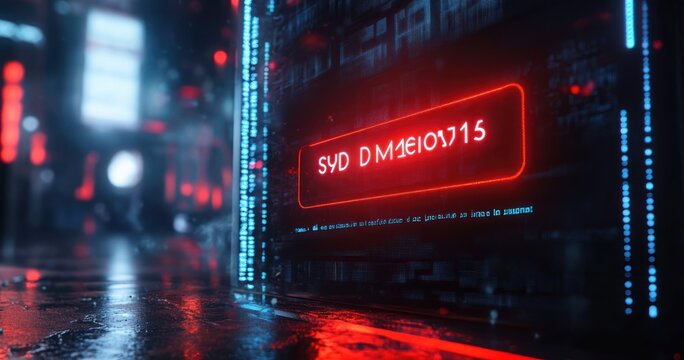 Moody futuristic rainy city street with wet reflective pavement, glowing red alphanumeric code on a digital kiosk, vertical blue LED light strips and blurred neon background