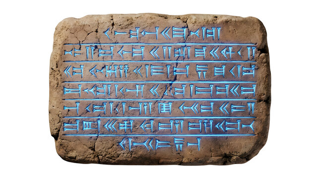 Ancient Cuneiform Tablet with Glowing Blue Hieroglyphs on a Rough Clay Surface, Representing Historical Communication and Ancient Writing Systems isolated PNG with Transparent Background