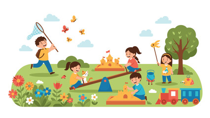 Fototapeta premium Happy children playing together at vibrant park playground with sandbox, seesaw, toy train, and catching butterflies among flowers.