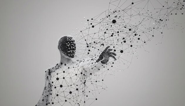 A futuristic illustration of a human figure composed of network connections and dots
