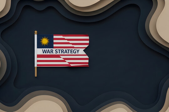 Malaysian flag on a pole with war strategy text on a wavy abstract background