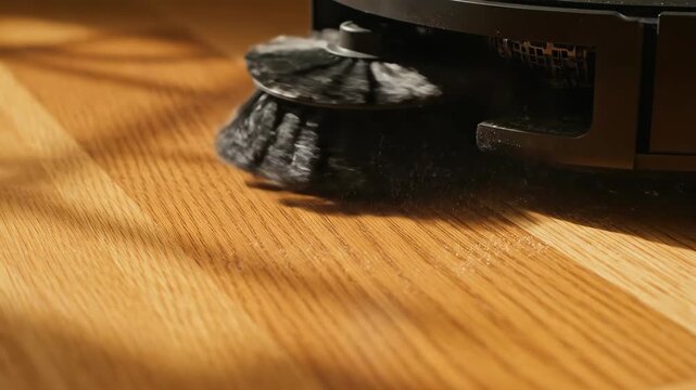 Close-up of Robotic Vacuum Cleaner Cleaning Hardwood Floor, home cleaning automation.