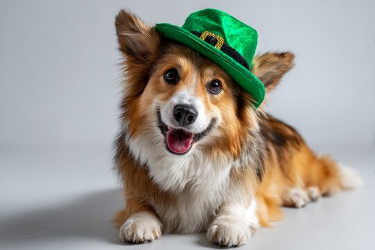 Dog in Leprechaun Hat Enjoys St Patricks Day Celebration on White Background in High Resolution