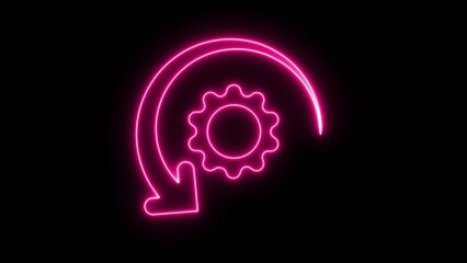 Neon pink gear with curved arrow on black background