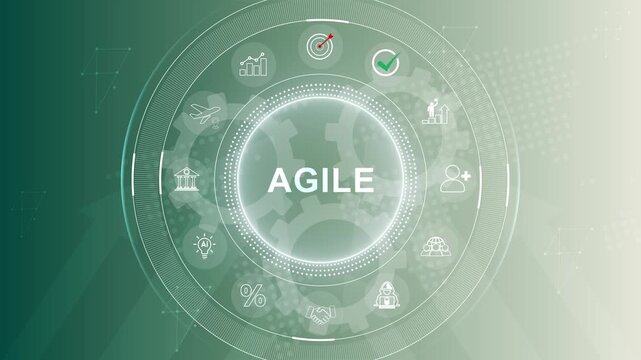 Agile development methodology concept on virtual screen. Technology concept. 3d Motion graphics of technology icon interface background