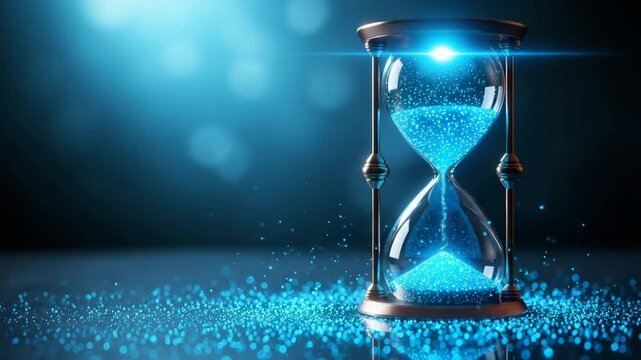 Digital hourglass with glowing particles for time concept