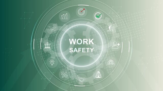 Work safety instruction standards law insurance industrial technology and regulation concept.By Wright Studio. 3d Motion graphics of technology icon interface background