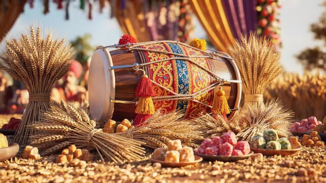 A festive vaisakhi celebration features a decorated dhol drum, golden wheat, and traditional sweets.