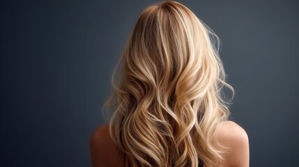 Fototapeta premium Back view of a woman with beautiful blonde wavy hair, studio portrait