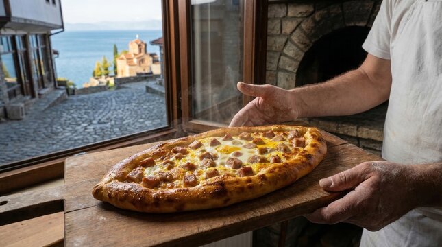 Freshly baked traditional Macedonian "bread pie" on a wooden board with a scenic window view  on Lake Ohrid.