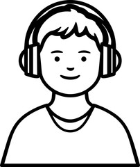 Obraz premium Hand Drawn Boy Wearing Headphones Black and White Avatar Illustration in Minimal Line Art Style Design