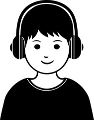 Obraz premium Hand Drawn Boy Wearing Headphones Black and White Avatar Illustration in Minimal Line Art Style Design