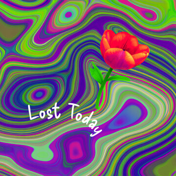 Red Tulip Flower With Psychedelic Liquid Swirl Background For Tshirt Brand