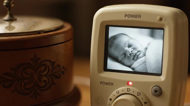 Power activated baby monitor with wooden box. Focus on technology and safety.