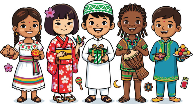 Diverse group of multicultural children in traditional clothes, 10-year-old kids from different countries, flat vector illustration on white background.
