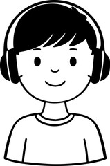 Obraz premium Hand Drawn Boy Wearing Headphones Black and White Avatar Illustration in Minimal Line Art Style Design
