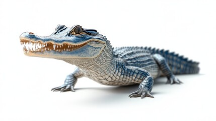 Fototapeta premium young crocodile lying on white background with open mouth showing sharp teeth, detailed scaly skin and claws, alert curious expression