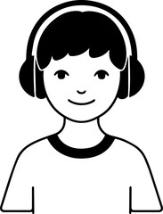 Obraz premium Hand Drawn Boy Wearing Headphones Black and White Avatar Illustration in Minimal Line Art Style Design
