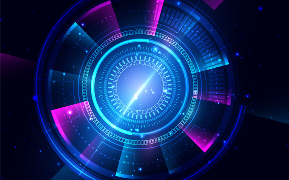 Circle neon blue and pink light ray on black background.