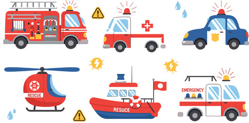 Emergency rescue vehicles illustration set with fire truck ambulance police car helicopter rescue boat safety service © MstKhyrun
