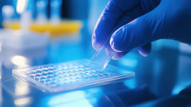 Scientist handling microplate in modern laboratory setting