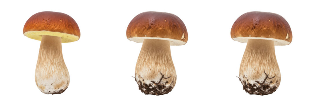 Boletus Edulis Mushroom Set Isolated on White Background, Fresh Porcini Mushrooms Collection Forest Edible Fungus