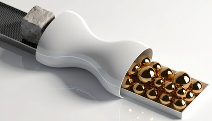 New tech design showcasing a smooth object holding metal spheres and a stone block on a tray