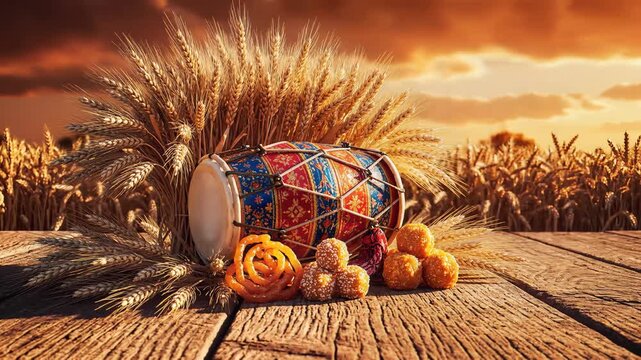 Vibrant vaisakhi celebration with dhol drum, traditional sweets, and wheat in a golden sunset field.