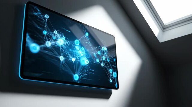 Modern technology screen displaying neural network, AI connection and futuristic data.