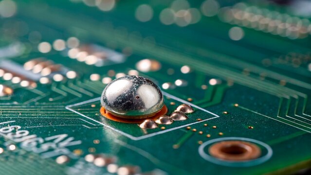Close view of a circuit board with solder and components during an electronics assembly process