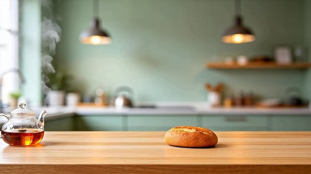 Empty wooden table in front of blurred modern green kitchen interior with pendant lights perfect for product display mockup or background soft bokeh cozy home atmosphere design