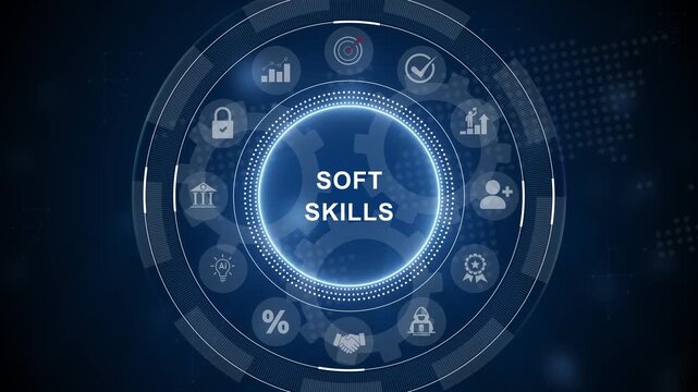 Soft skills and personal fitness responsibility HR human resources concept. 3d Motion graphics of technology icon interface background