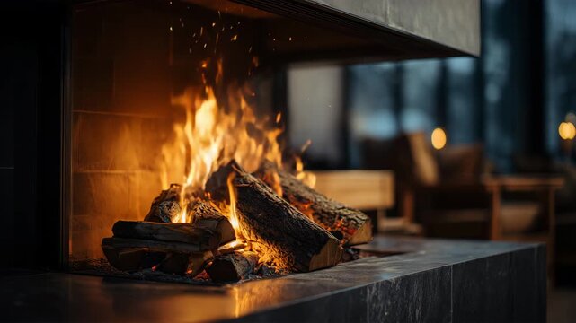 現代的な暖炉で燃える薪の接写