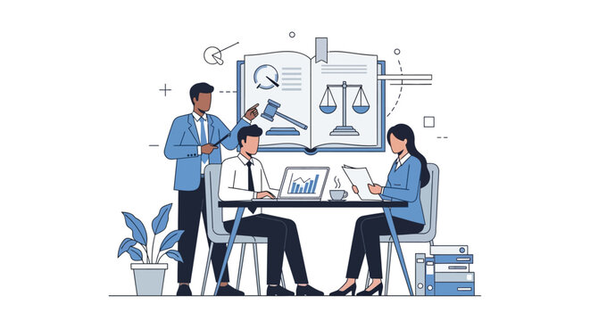 Team of professionals collaborating on legal matters with a gavel and scales of justice illustration.