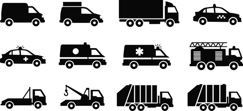 Service vehicles silhouette icon set with delivery van cargo truck taxi police car ambulance fire truck tow truck garbage truck