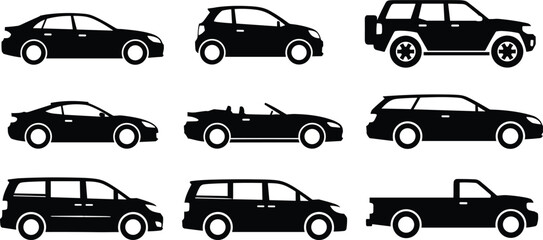 Car silhouette icon set with sedan hatchback convertible SUV wagon minivan pickup truck automobile vector collection © MstKhyrun