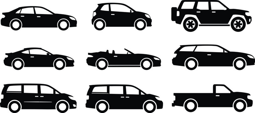 Car silhouette icon set with sedan hatchback convertible SUV wagon minivan pickup truck automobile vector collection