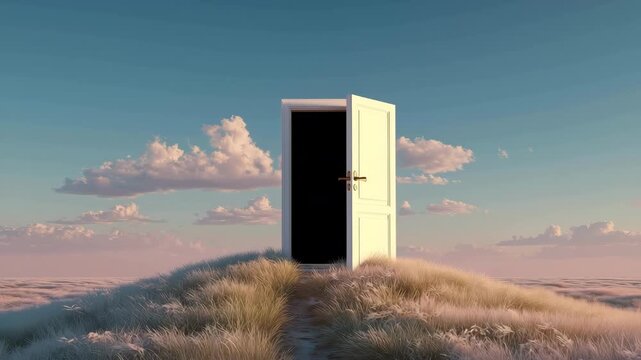 朝もやの草地で白い扉が中央に立つ景色