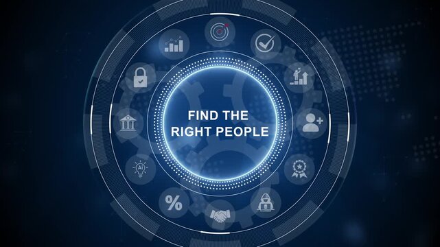 FInd the right people. Businessman select people icon on virtual screen. HR management concept. 3d Motion graphics of technology icon interface background
