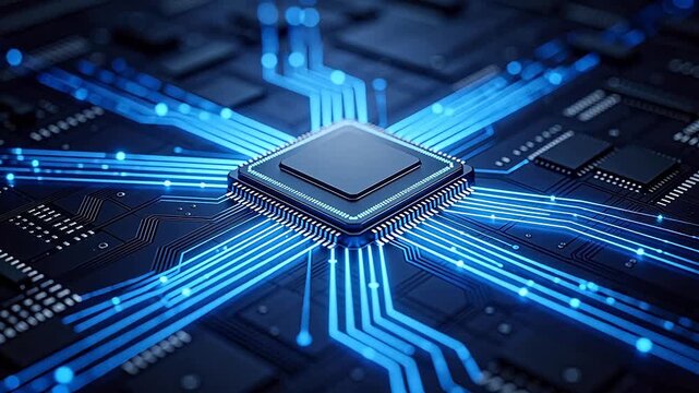 HighTech Microchip On Circuit Board Glowing Blue Data Flow Digital Technology Background Artificial Intelligence Concept Futuristic Computer Hardware Electronic Engineering Detail