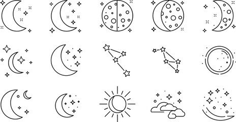Moon phases and night sky line icon set with crescent moon stars constellation sun celestial illustration © MstKhyrun