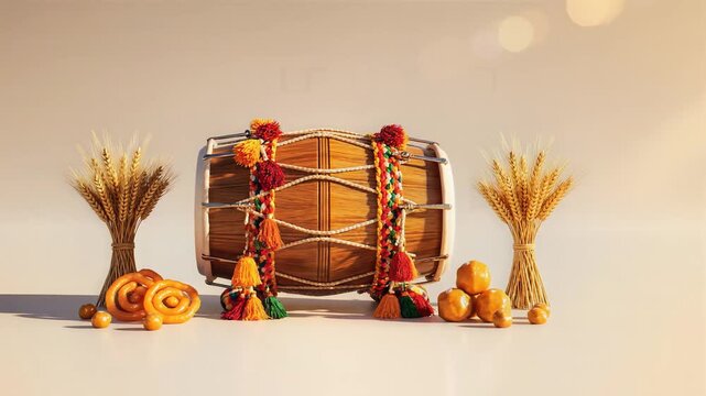 A festive dhol drum and wheat sheaves symbolize the vibrant vaisakhi (baisakhi) sikh spring celebration.